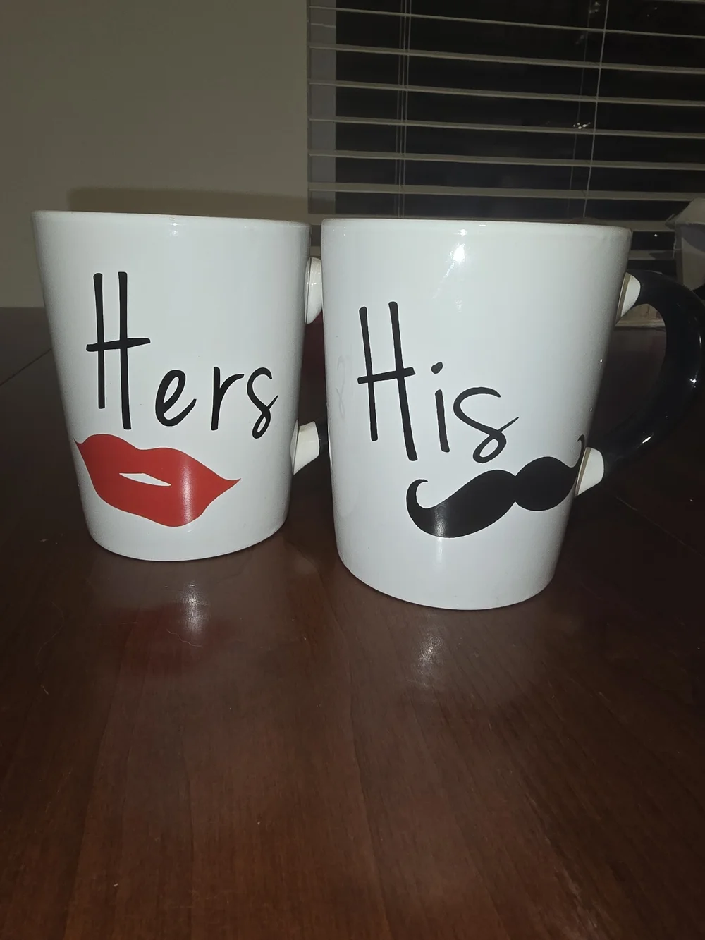 His and Hers White Stoneware 20 oz Mugs Set with Black Mustache and Red Lips 💋